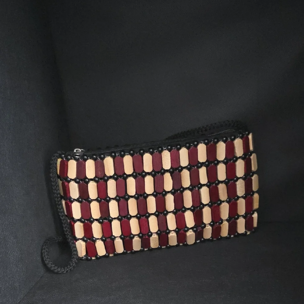 African Wooden Square Crossbody Purse in Natural and Burgundy - Picture 2 of 9